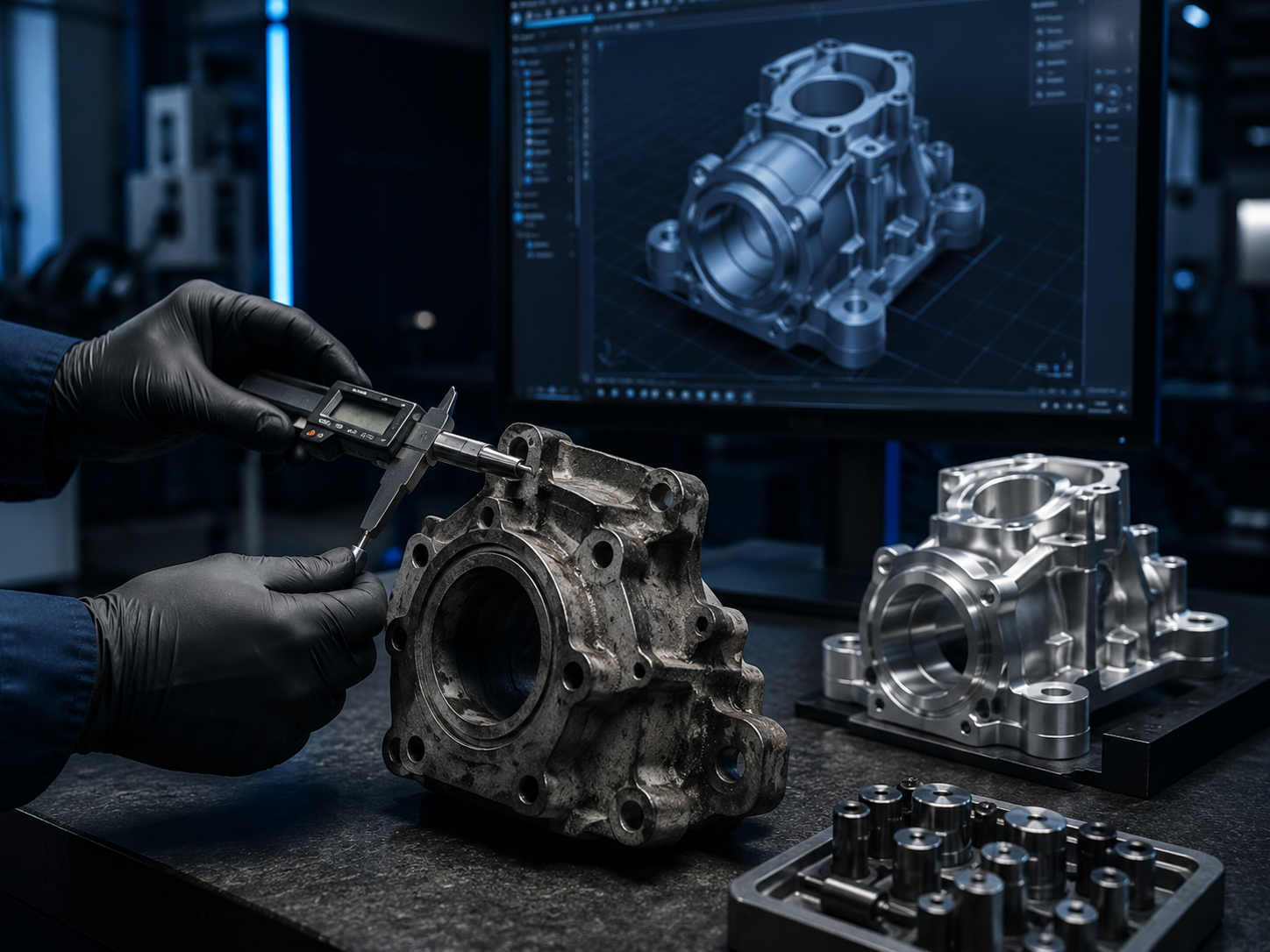 Existing part measured while a CAD model and clean machined version are shown